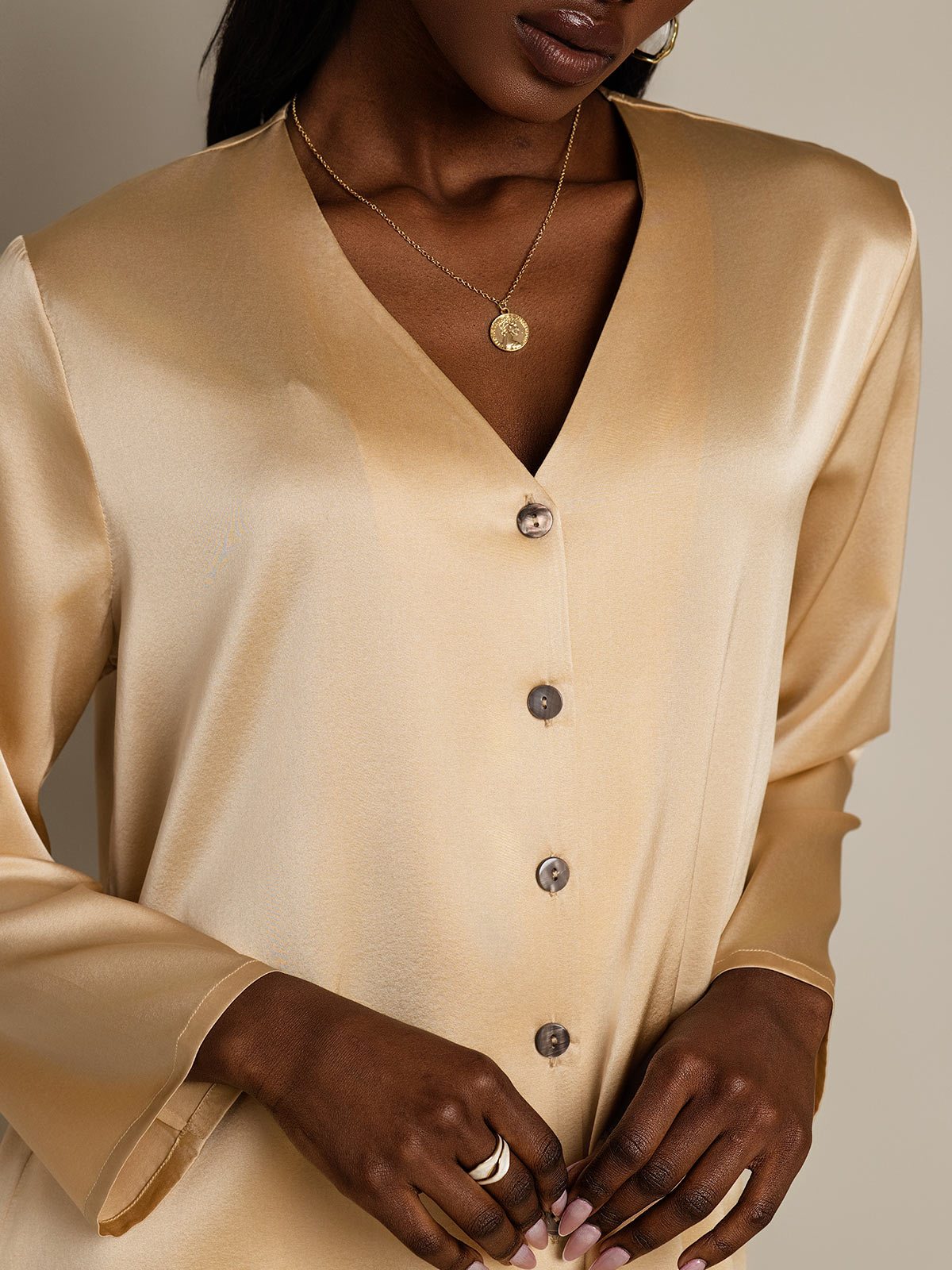 [Champán] SilkSilky-ES 19Momme Seda Cuello en V Blusas de Mujer 006