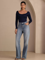[Azul Oscuro] SilkSilky-ES Long Sleeve Cuello en U Camisetas de Mujer 007