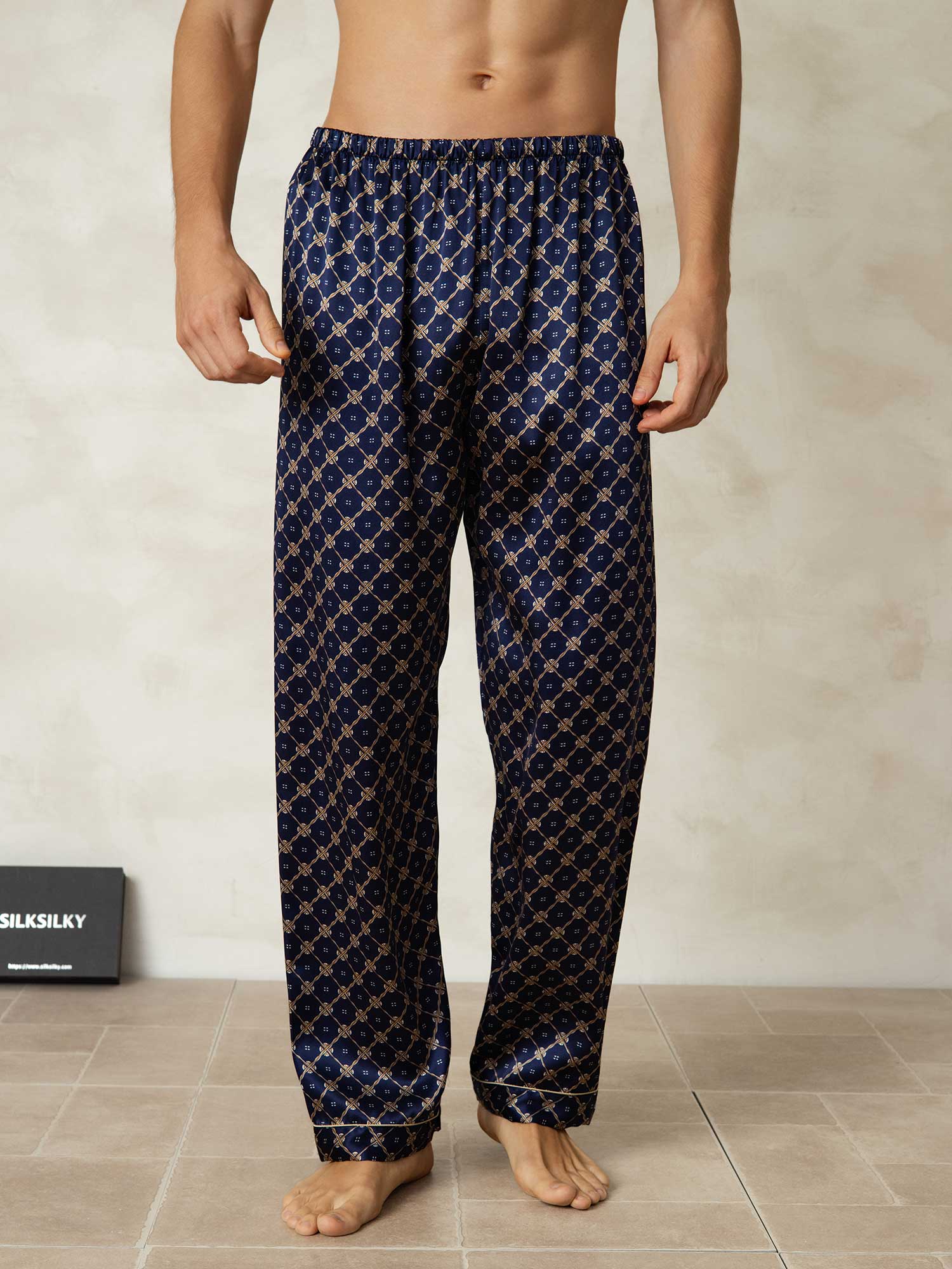 [Cadena Azul Marino] SilkSilky-ES Seda Pura Mens Sleep Bottoms 001