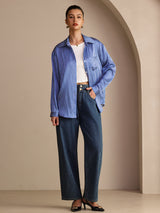 [Raya Diplomática Azul] SilkSilky-ES Long Sleeve Lapel Collar Blusas de Mujer 007