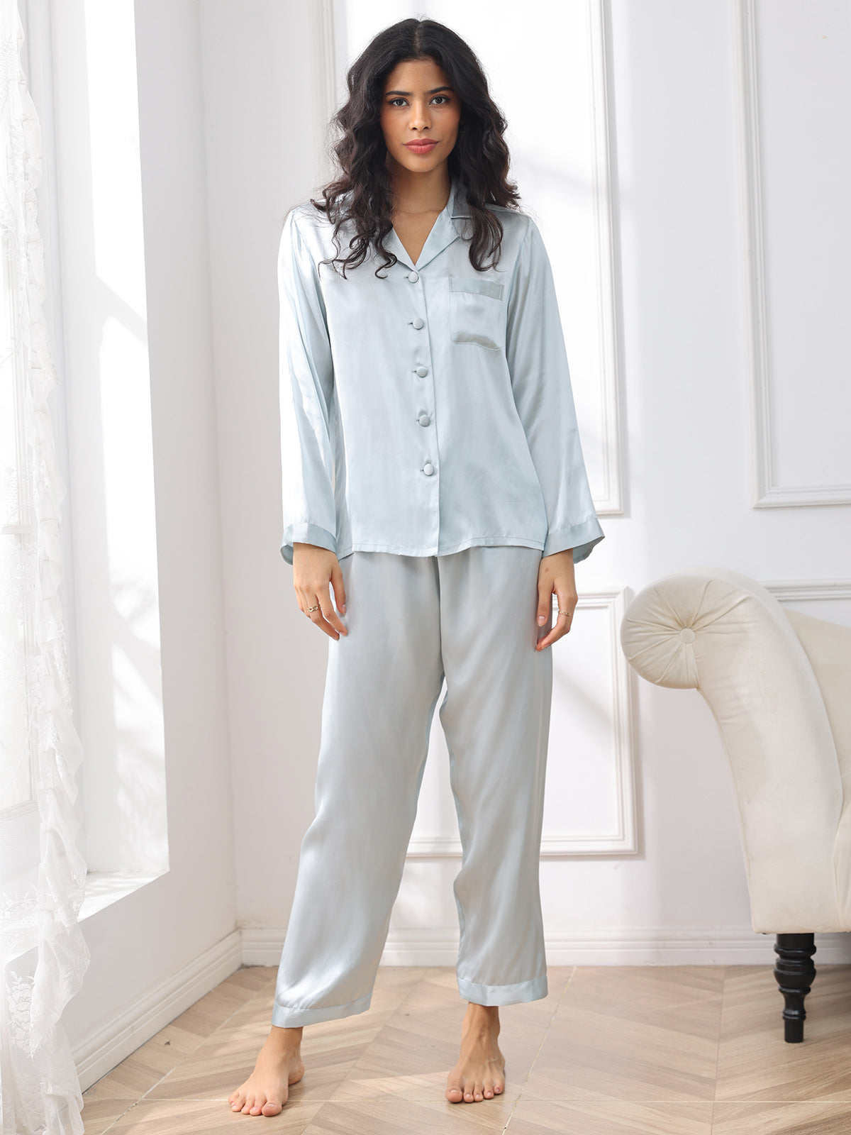 [Azul Claro] SilkSilky-ES Seda Pura Womens Pajamas 003,