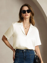 [Marfil] SilkSilky-ES Short Sleeve Lapel Collar Blusas de Mujer 003
