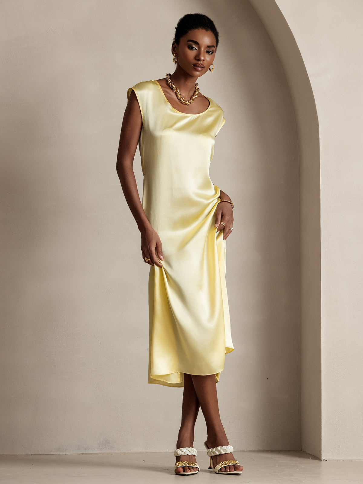 [Amarillo Claro] SilkSilky-ES 19Momme Seda Dress 004