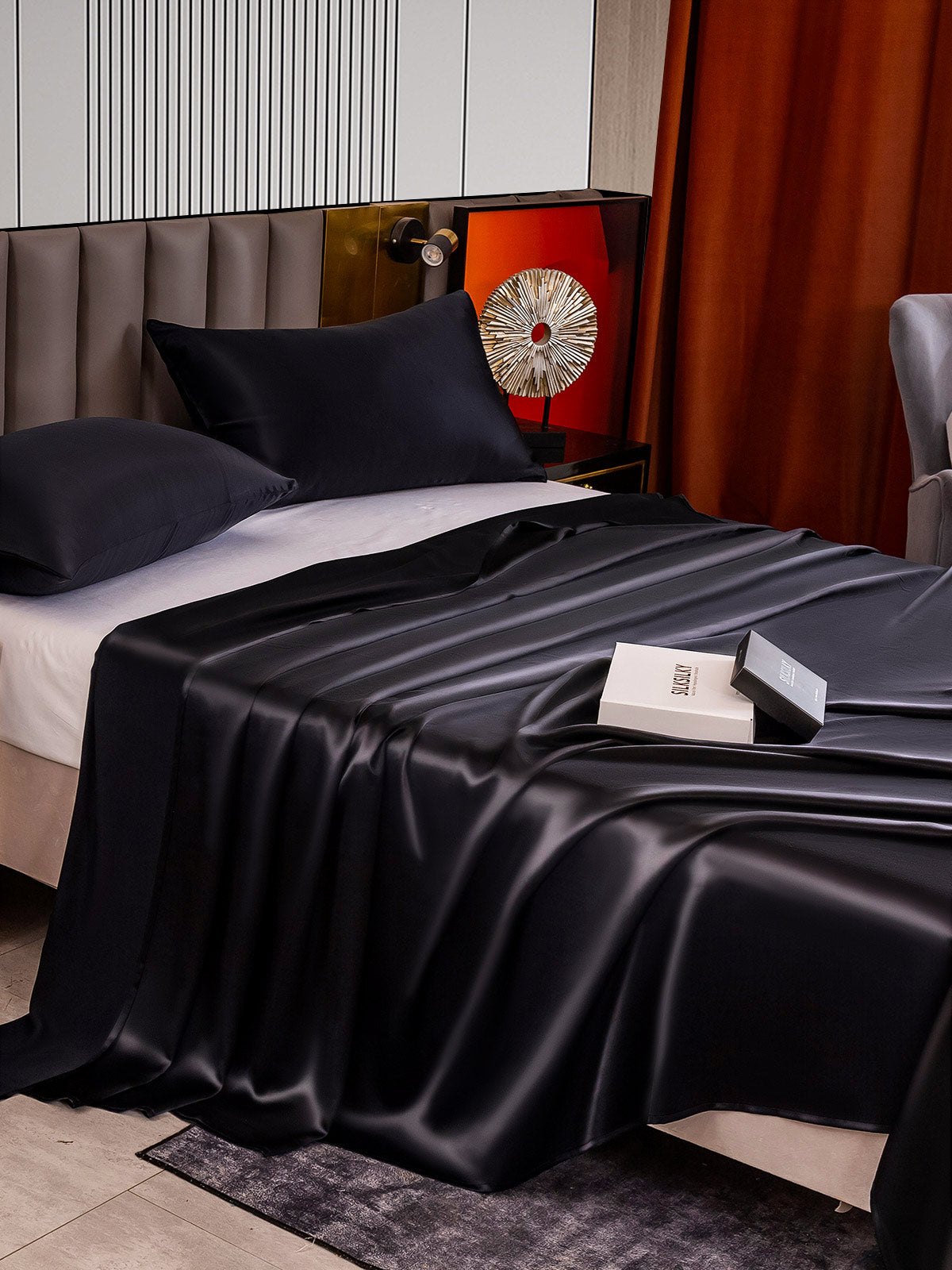 [Negro] SilkSilky-ES 22Momme Seda Pura Bedding Set 004