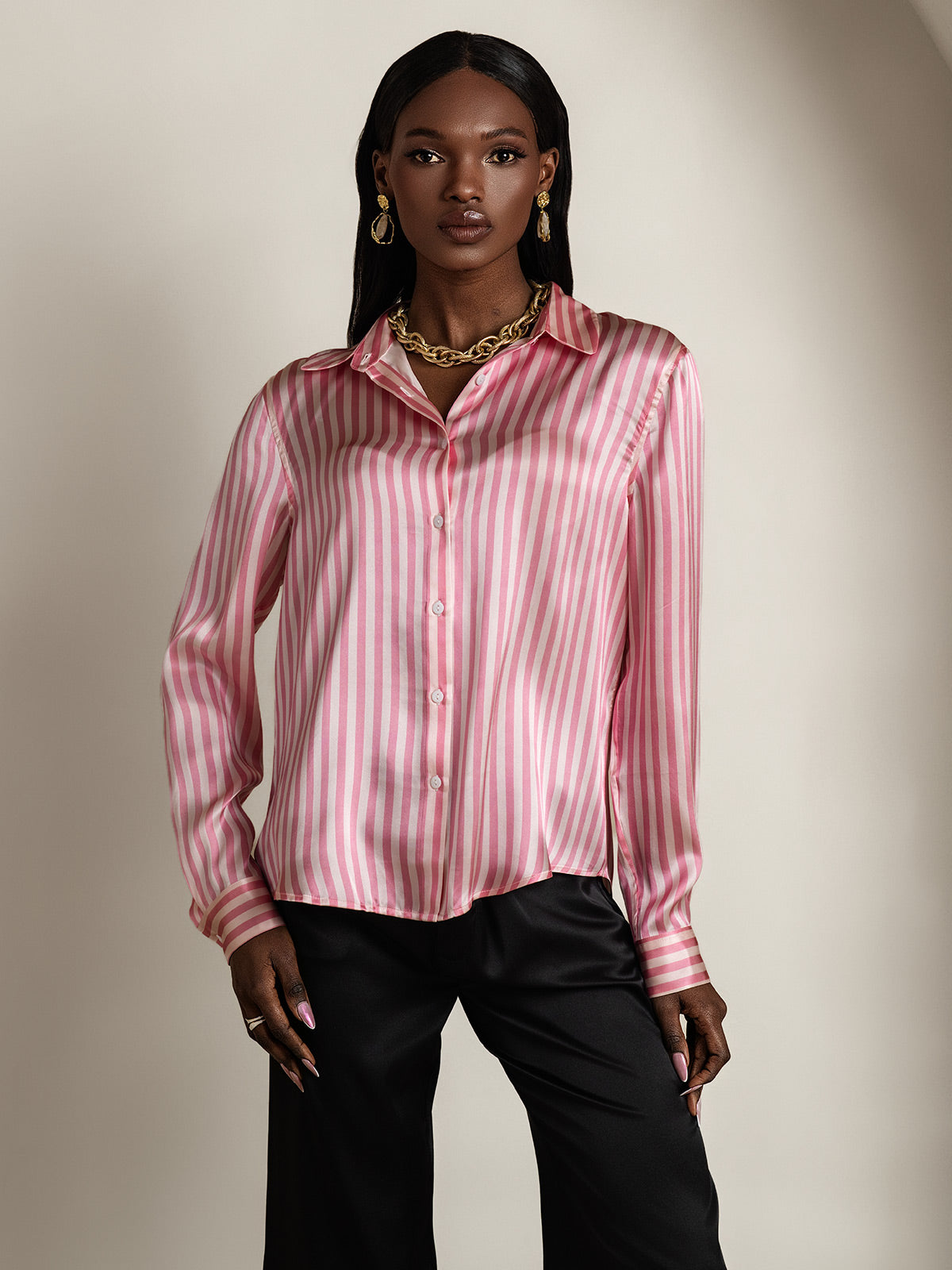 [Rosa] SilkSilky-ES Seda Lapel Collar Blusas de Mujer 006