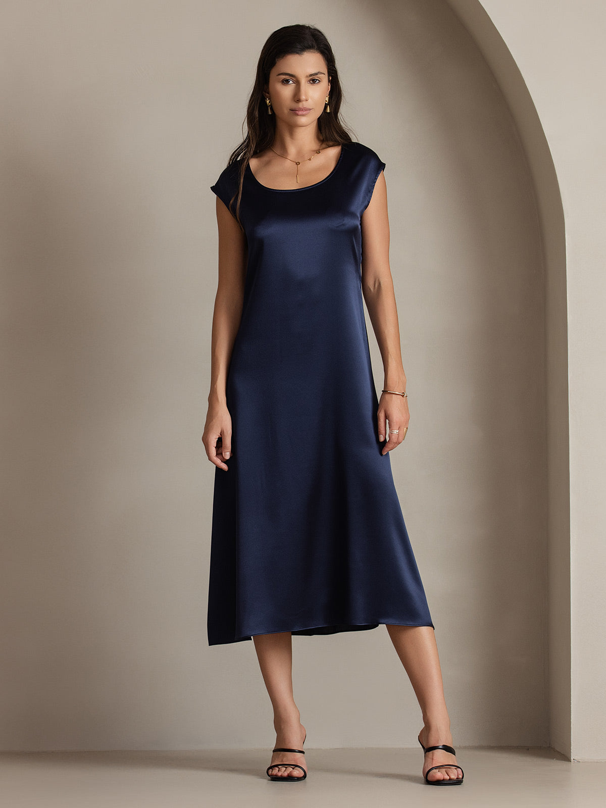 [Azul Oscuro] SilkSilky-ES 19Momme Seda Dress 005