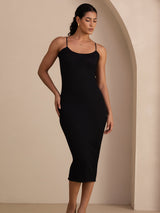 [Negro] SilkSilky-ES Spaghetti Strap Boat Neck Vestido 004