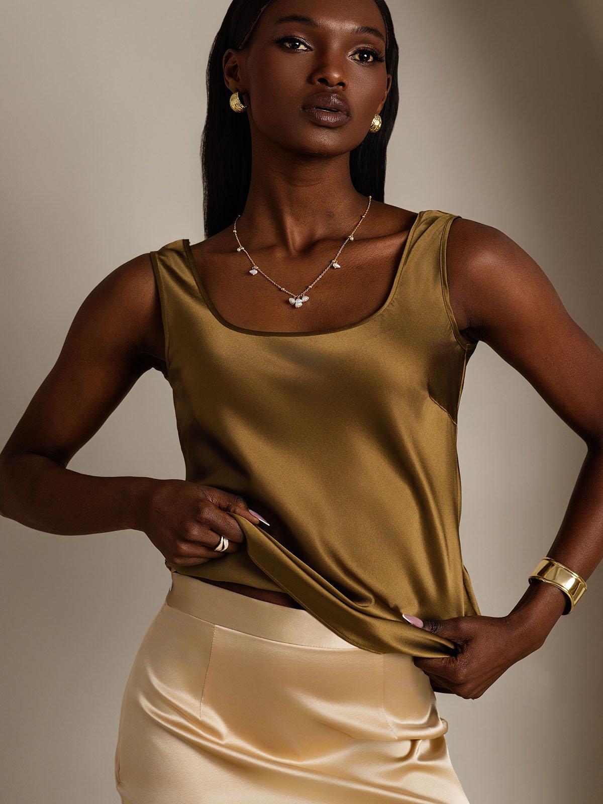 [Marrón] SilkSilky-ES 19Momme Seda Cuello en U Top de tirantes 003