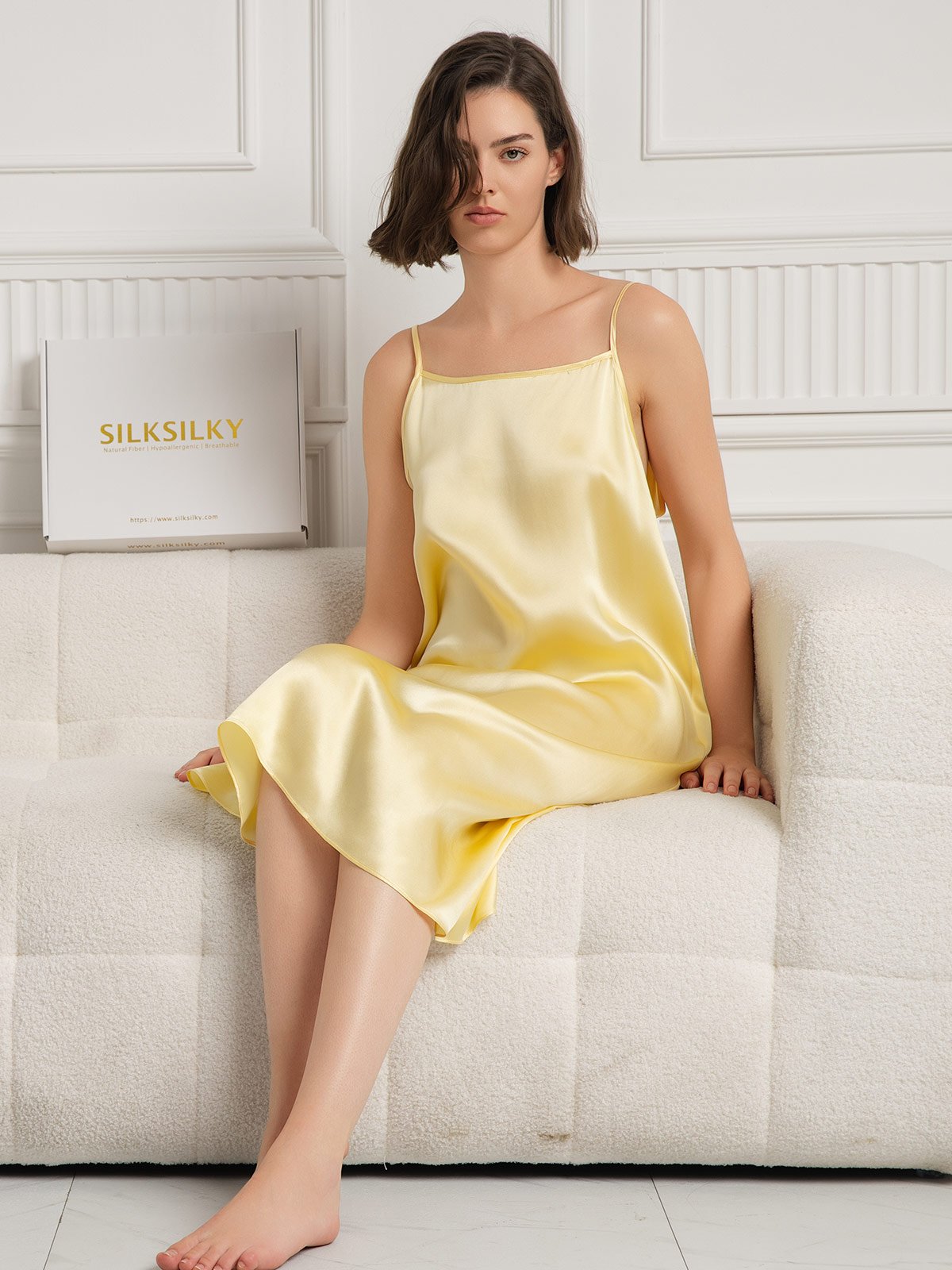 [Amarillo Claro] SilkSilky-ES 19Momme Seda Sin mangas Dress 006