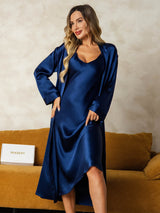 [Azul Oscuro] SilkSilky-ES Long Sleeve V Neck Conjunto de camisón y bata 001