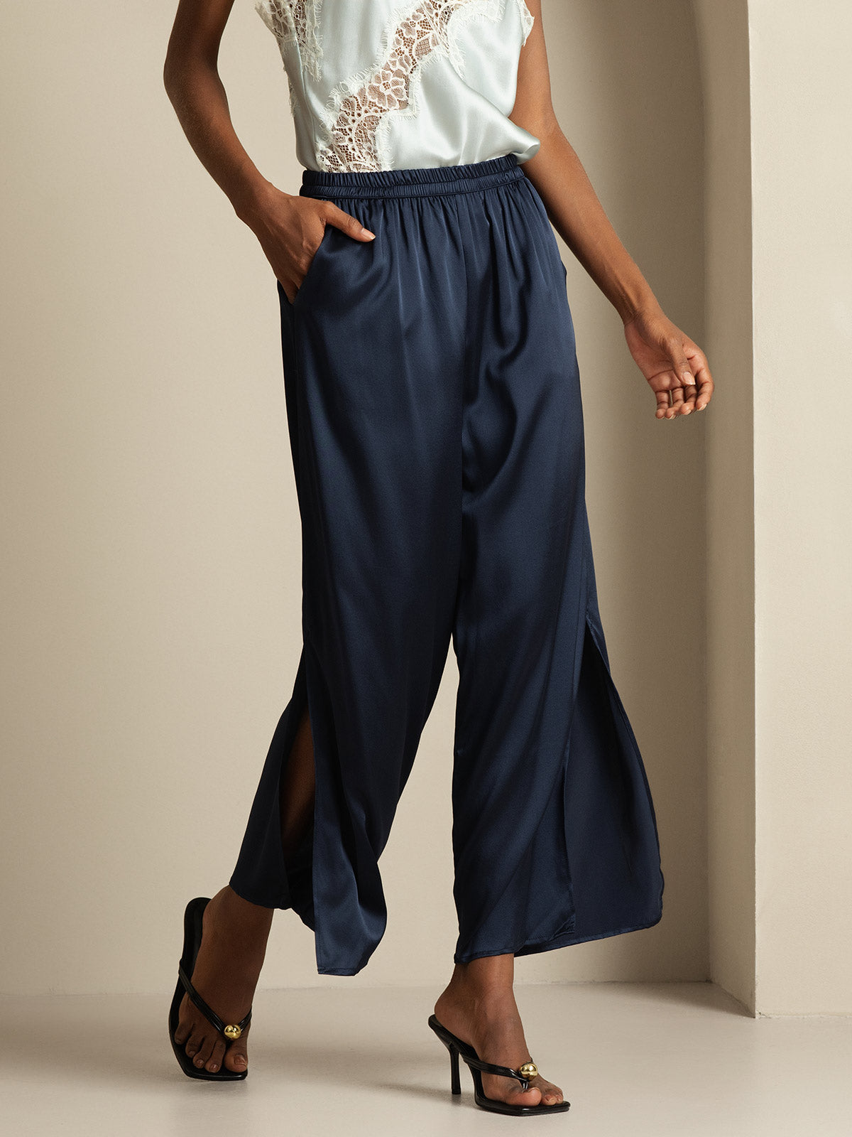 [Azul Oscuro] SilkSilky-ES 19Momme Seda Womens Pants 003