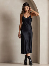 [Negro] SilkSilky-ES Spaghetti Strap V Neck Vestido 006