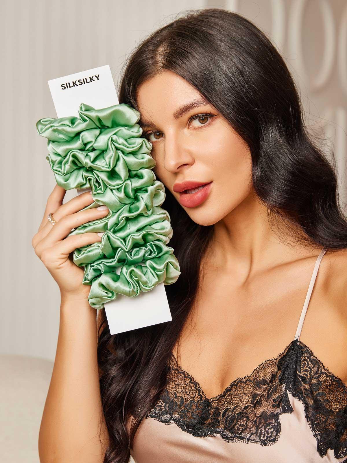 [Verde] SilkSilky-ES 19Momme Seda Pura Scrunchie 002