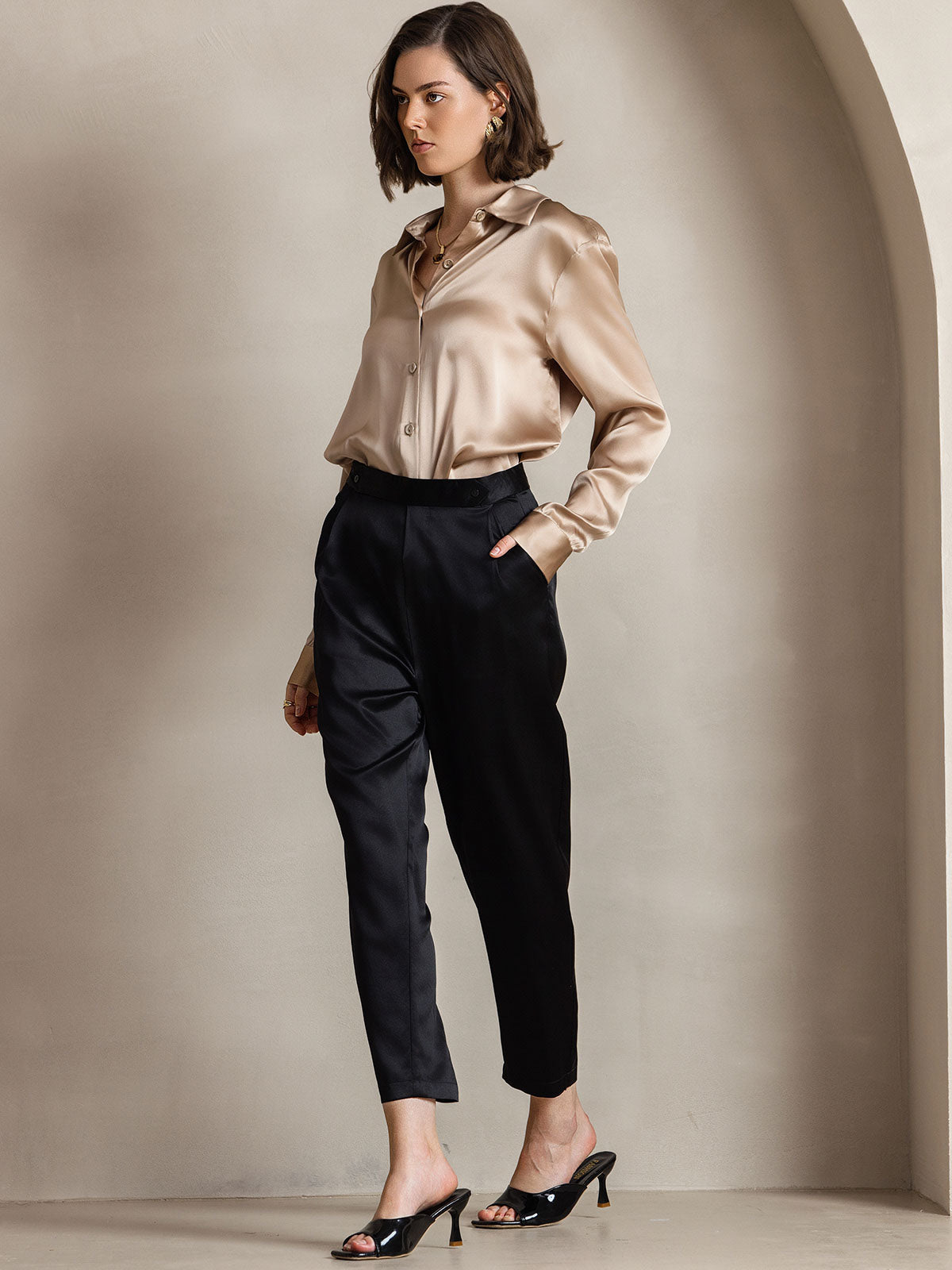 [Champán] SilkSilky-ES Seda Lapel Collar Blusas de Mujer 008