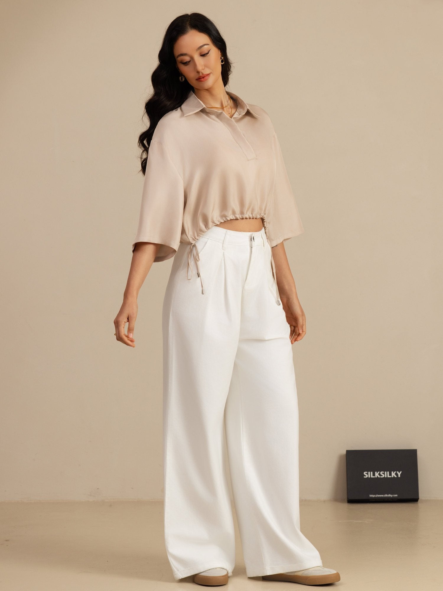 [Marrón Claro] SilkSilky-ES 18Momme A metà Cuello con Solapa Blusa 007