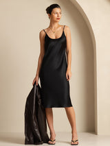 [Negro] SilkSilky-ES Spaghetti Strap Cuello en U Vestido 007