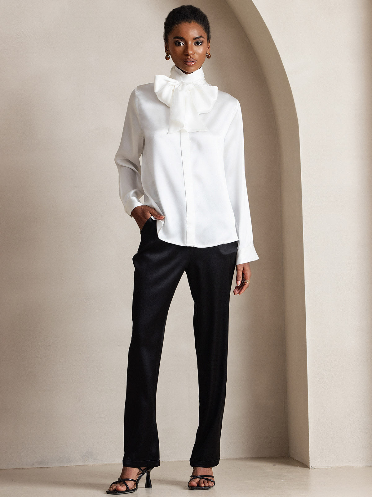 [Blanco] SilkSilky-ES 19Momme Seda Manga larga Corbata Blusas de Mujer 007