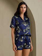 [León Azul Marino] SilkSilky-ES Short Sleeve Notch Collar Pijamas de mujer 004