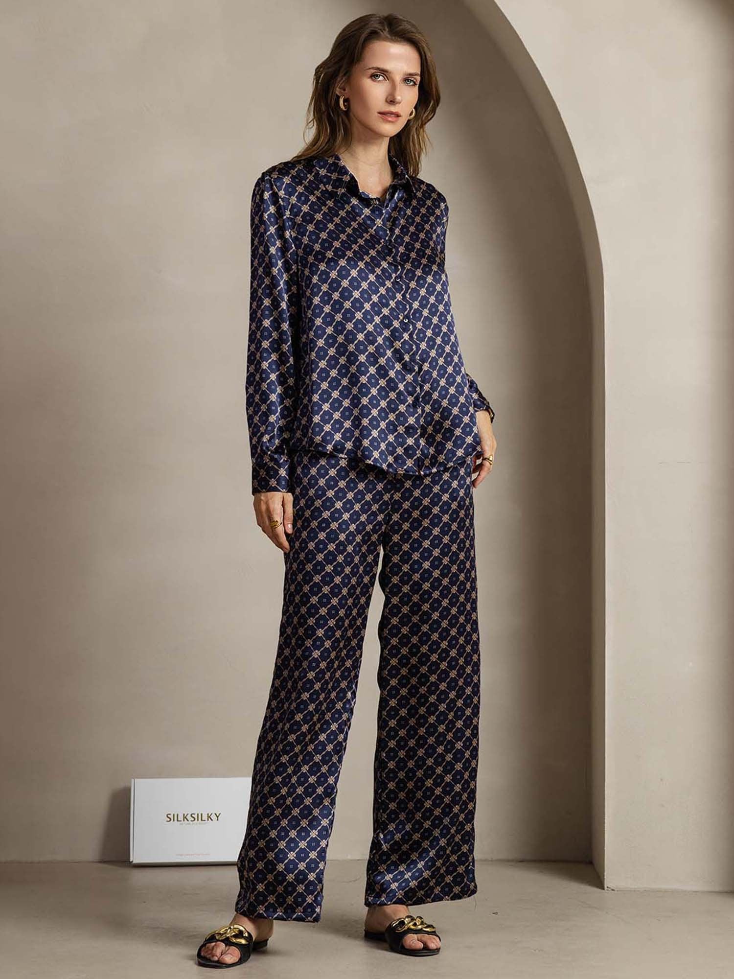 [CadenaAzulMarino] SilkSilky-ES 19Momme Seda Lapel Collar Women''s Outfit Sets 001