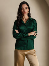 [Verde Oscuro] SilkSilky-ES Long Sleeve Lapel Collar Blusas de Mujer 005