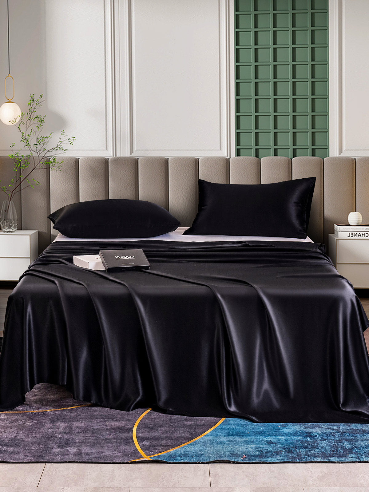 [Negro] SilkSilky-ES 25Momme Seda Pura Bedding Set 001