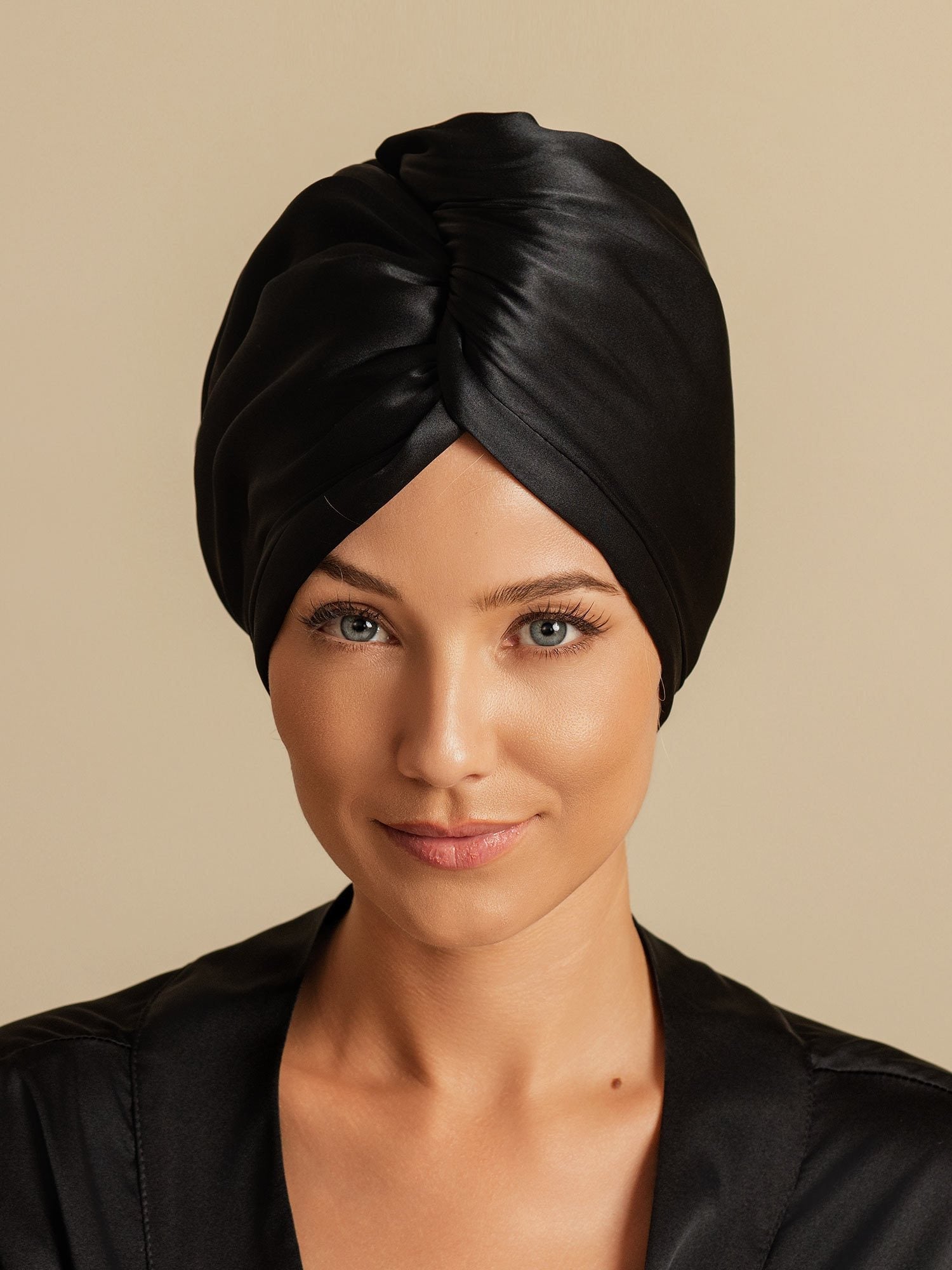 [Negro] SilkSilky-ES Seda Pura Hair Towel Wrap 003,