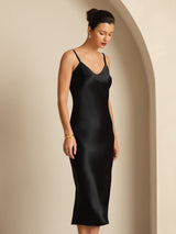 [Negro] SilkSilky-ES Spaghetti Strap V Neck Vestido 003
