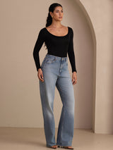 [Negro] SilkSilky-ES Long Sleeve Cuello en U Camisetas de Mujer 006