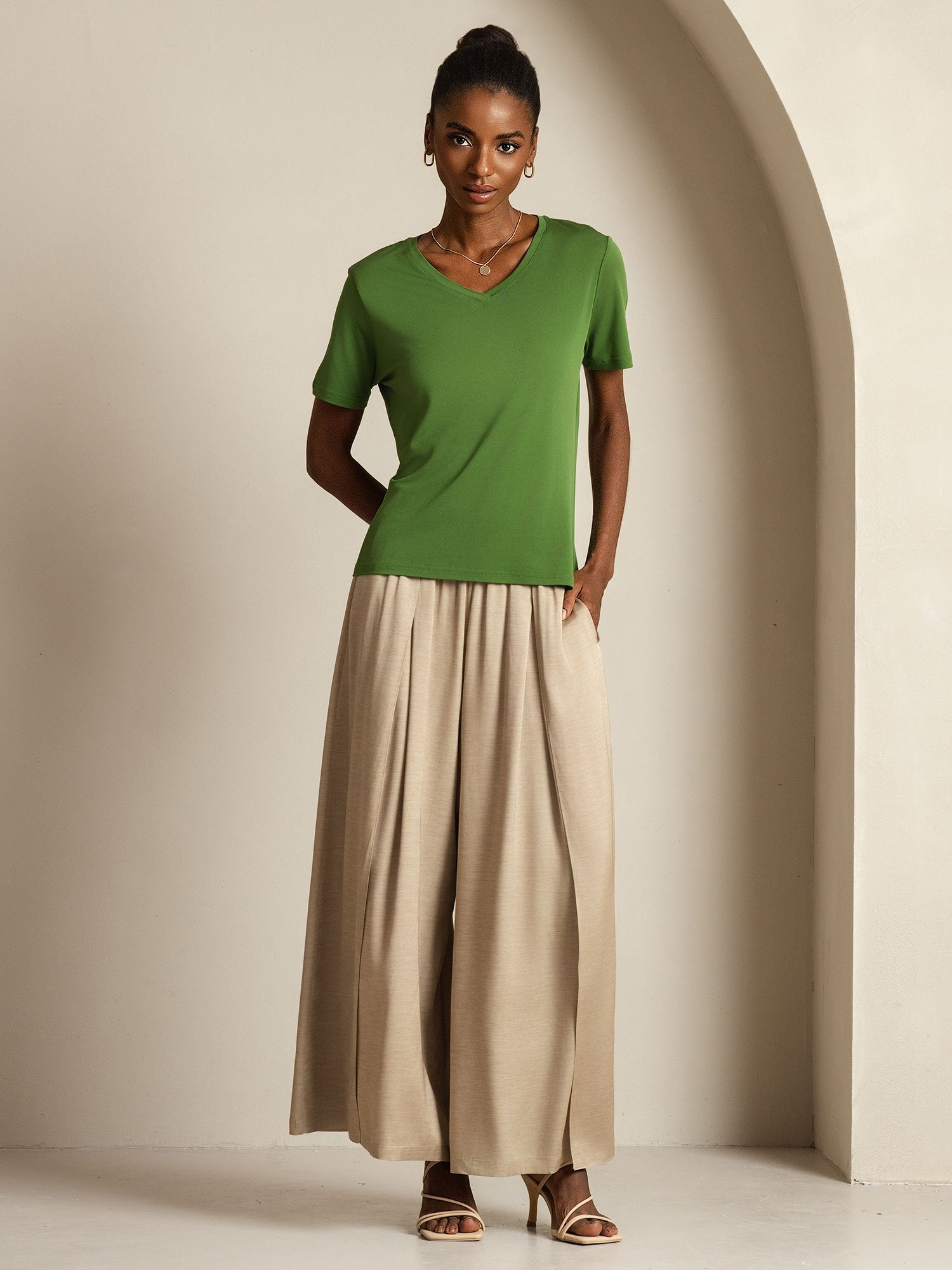 [Verde] SilkSilky-ES Seda Pura Cuello en V Camisetas de Mujer 009