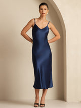 [Azul Oscuro] SilkSilky-ES Spaghetti Strap V Neck Vestido 003