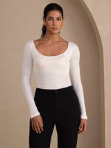 [Blanco] SilkSilky-ES Long Sleeve Cuello en U Camisetas de Mujer 001