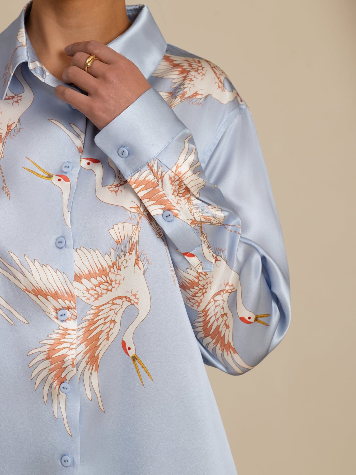 [Azul Claro] SilkSilky-ES 19Momme Manga larga Cuello con Solapa Blusas de Mujer 006