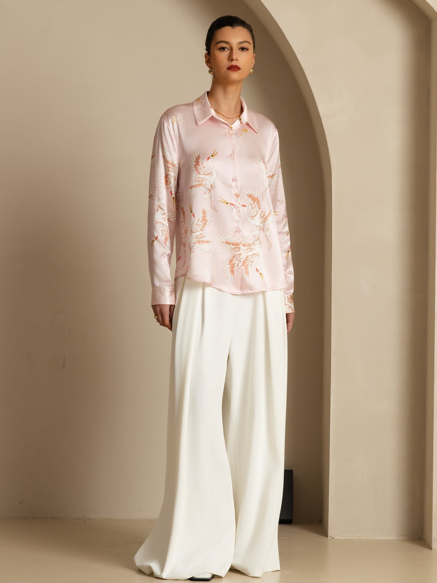 [Rosa] SilkSilky-ES 19Momme Manga larga Cuello con Solapa Blusas de Mujer 007