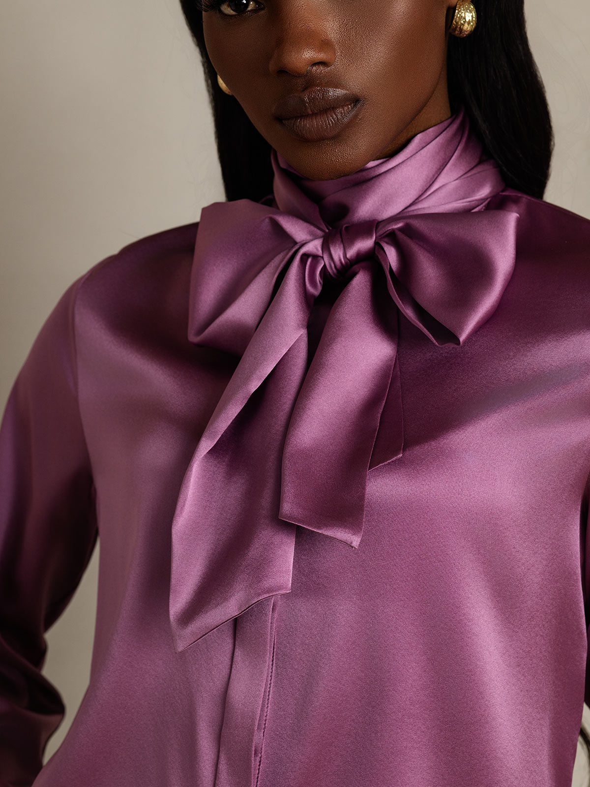 [Morado Oscuro] SilkSilky-ES 19Momme Seda Manga larga Corbata Blusas de Mujer 009