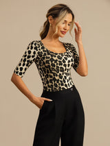 [Leopardo] SilkSilky-ES A metà Escote Cuchara Camisetas de Mujer 005