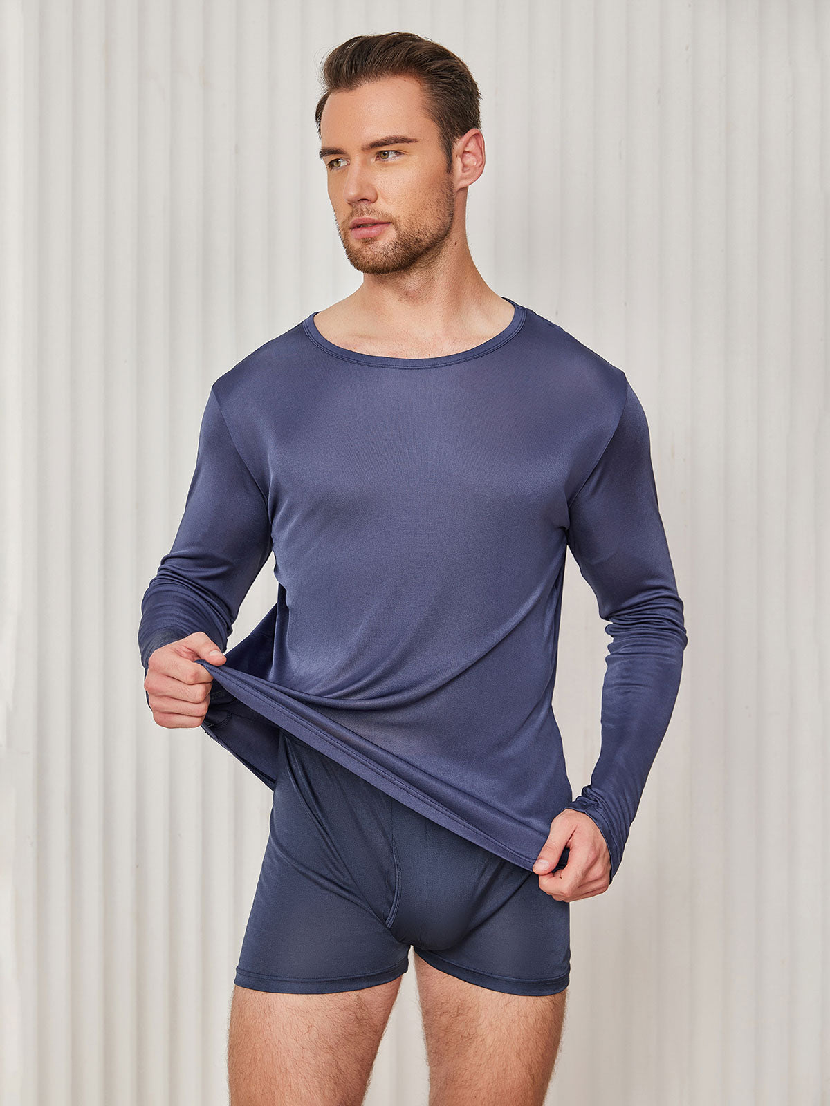 [Azul Oscuro] SilkSilky-ES Manga larga Cuello Redondo Camiseta de hombre 004