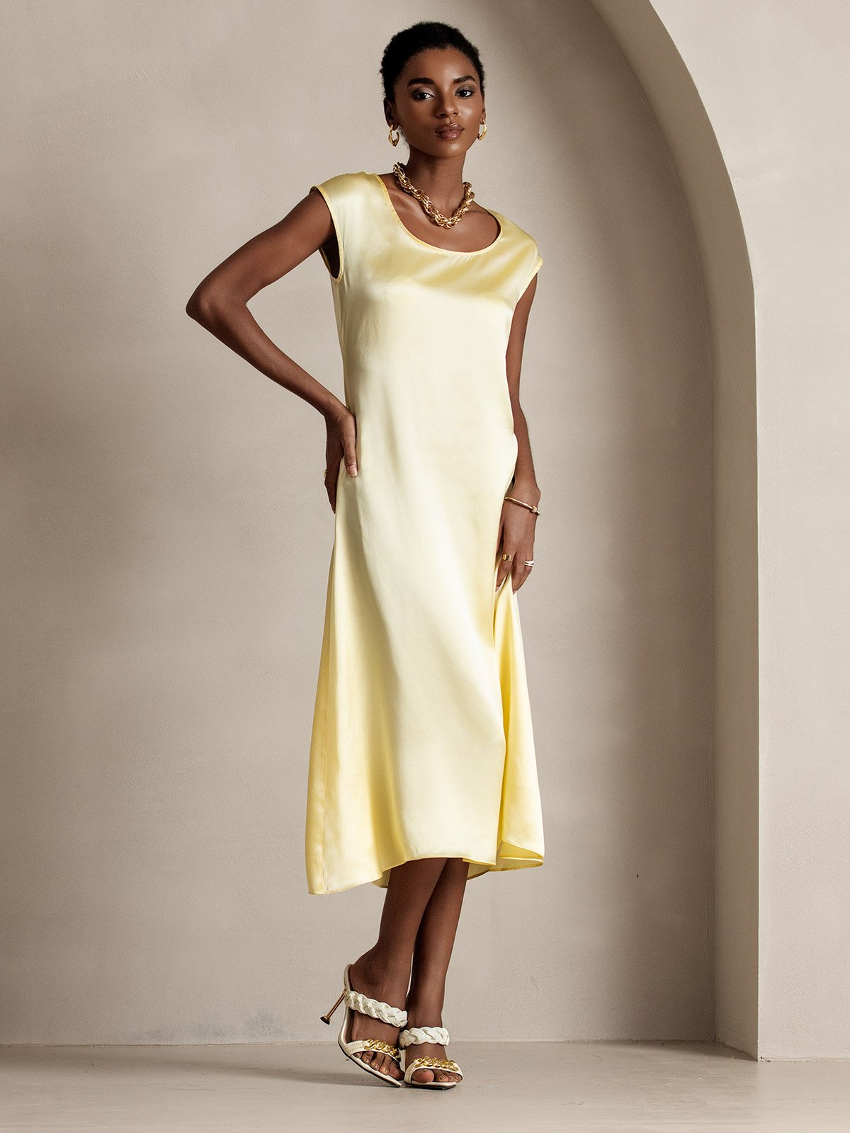 [Amarillo Claro] SilkSilky-ES 19Momme Seda Dress 003
