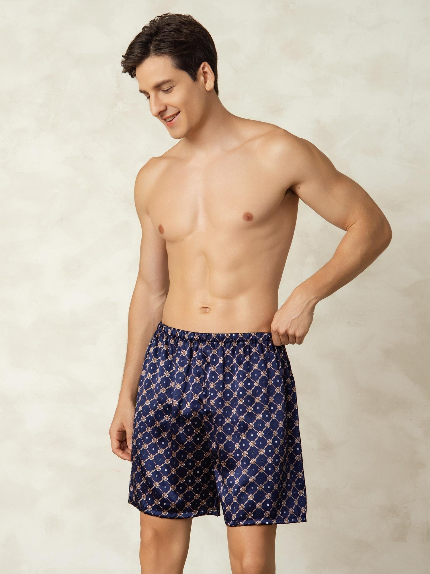 [Cadena Azul Marino] SilkSilky-ES Seda Pura Mens Sleep Bottoms 007