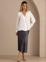 [Blanco] SilkSilky-ES Long Sleeve Deep V Neck Blusas 005