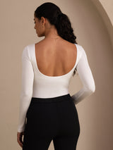 [Blanco] SilkSilky-ES Long Sleeve Cuello en U Camisetas de Mujer 002