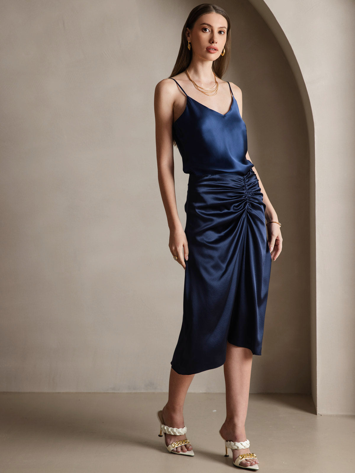 [Azul Oscuro] SilkSilky-ES Seda Pura Sin mangas Cuello en V Top de tirantes 004