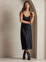 [Negro] SilkSilky-ES Spaghetti Strap V Neck Vestido 005