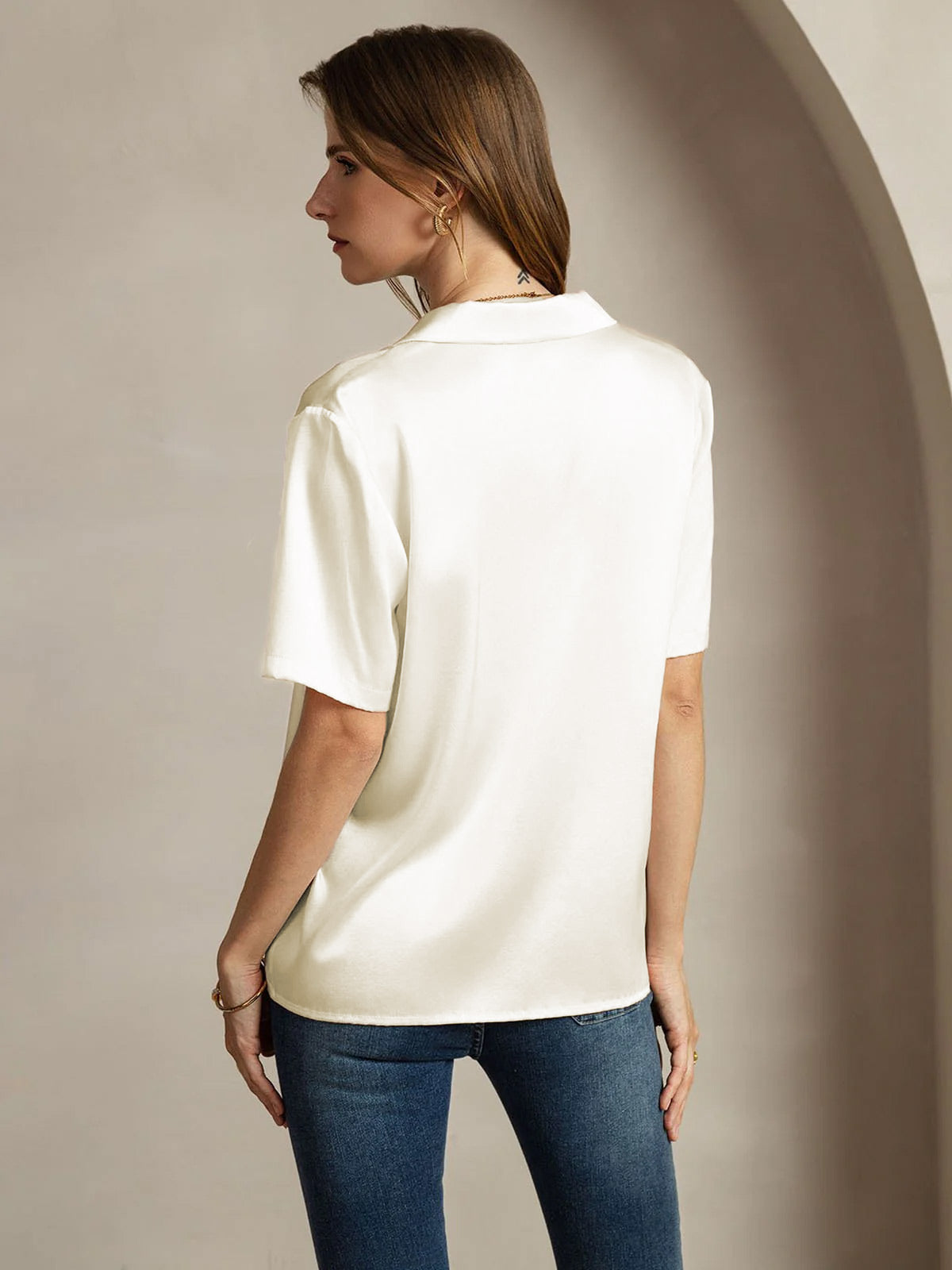 [Marfil] SilkSilky-ES 19Momme Seda Escote V Blusas de Mujer 002