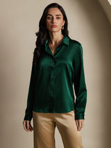 [Verde Oscuro] SilkSilky-ES Long Sleeve Lapel Collar Blusas de Mujer 004