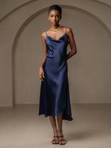 [Azul Oscuro] SilkSilky-ES Spalline Sottili Cuello Drapeado Vestido 001