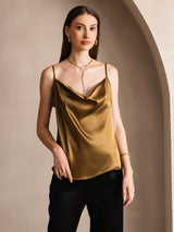 [Marrón] SilkSilky-ES Spaghetti Strap Cowl Neck Top de tirantes 001