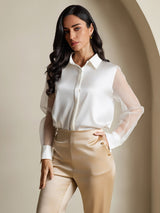 [Blanco] SilkSilky-ES Long Sleeve Lapel Collar Blusas de Mujer 001