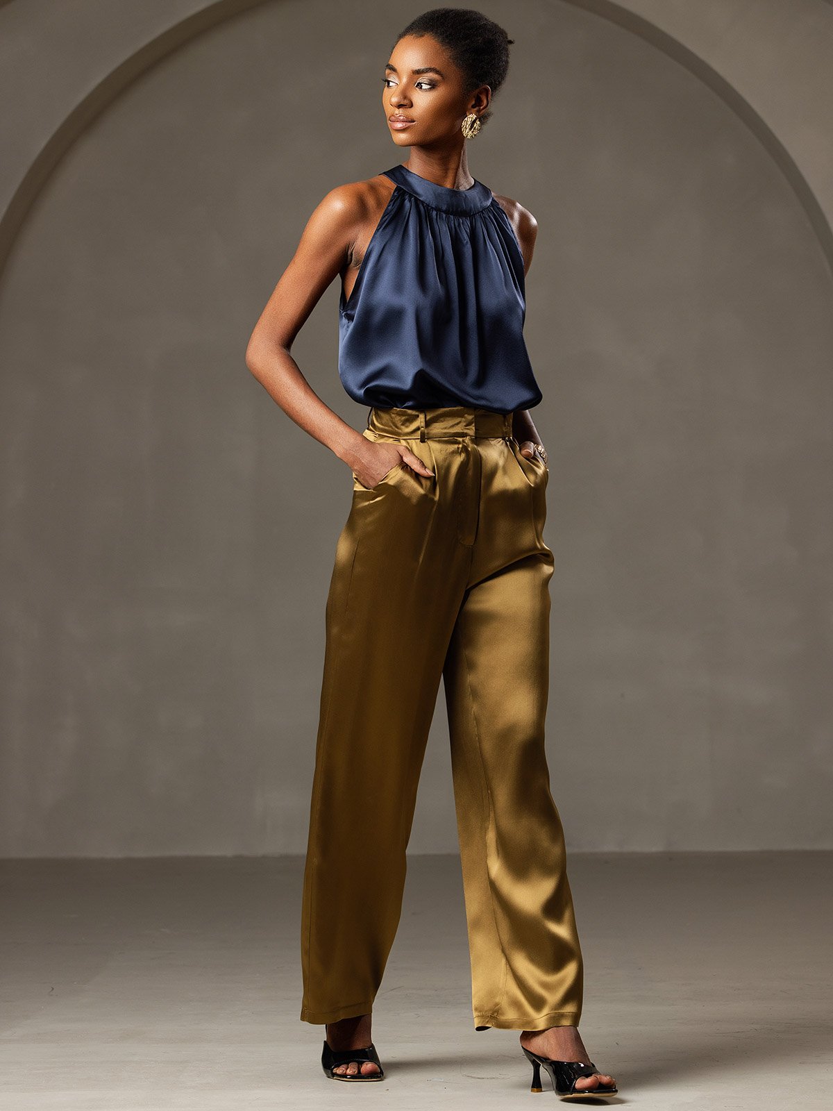 [Azul Oscuro] SilkSilky-ES 19Momme Seda Sin mangas Womens T-Shirt 006