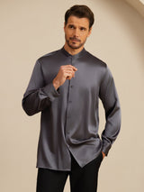 [Gris Oscuro] SilkSilky-ES Long Sleeve Stand Collar Camisa de hombre 004
