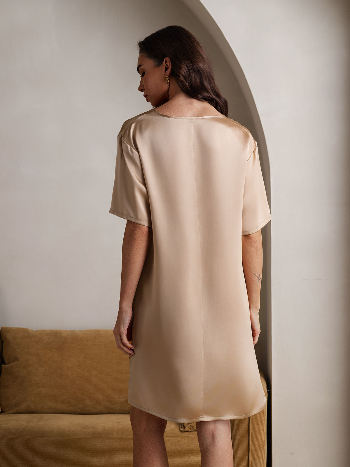 [Champán] SilkSilky-ES Seda Pura Cuello en V Camisón 002